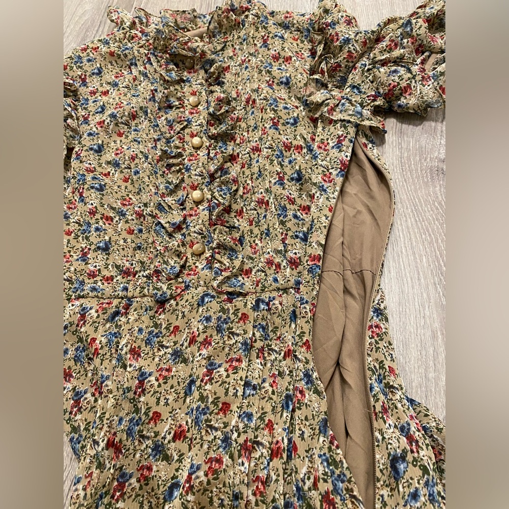 NEW MIKAEL AGHAL Floral Red Blue Ruffle Knee Length Flare Dress- 4 - Picture 11 of 15